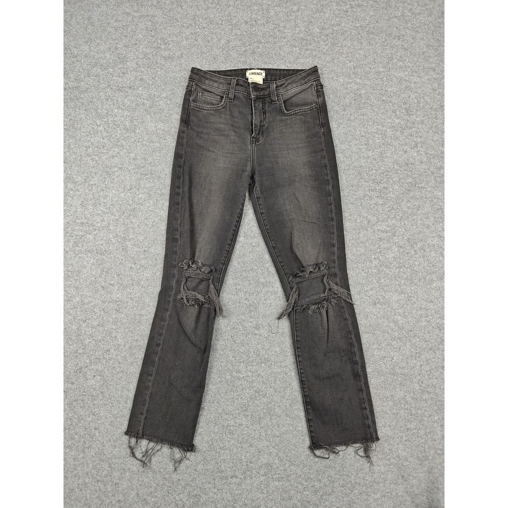 L'Agence Austyn Straight Jeans Womens 24 Charcoal‎ High Rise Distressed 24x27